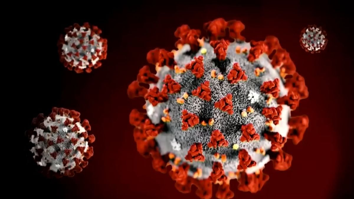 Illustration of coronavirus on red and black background 
